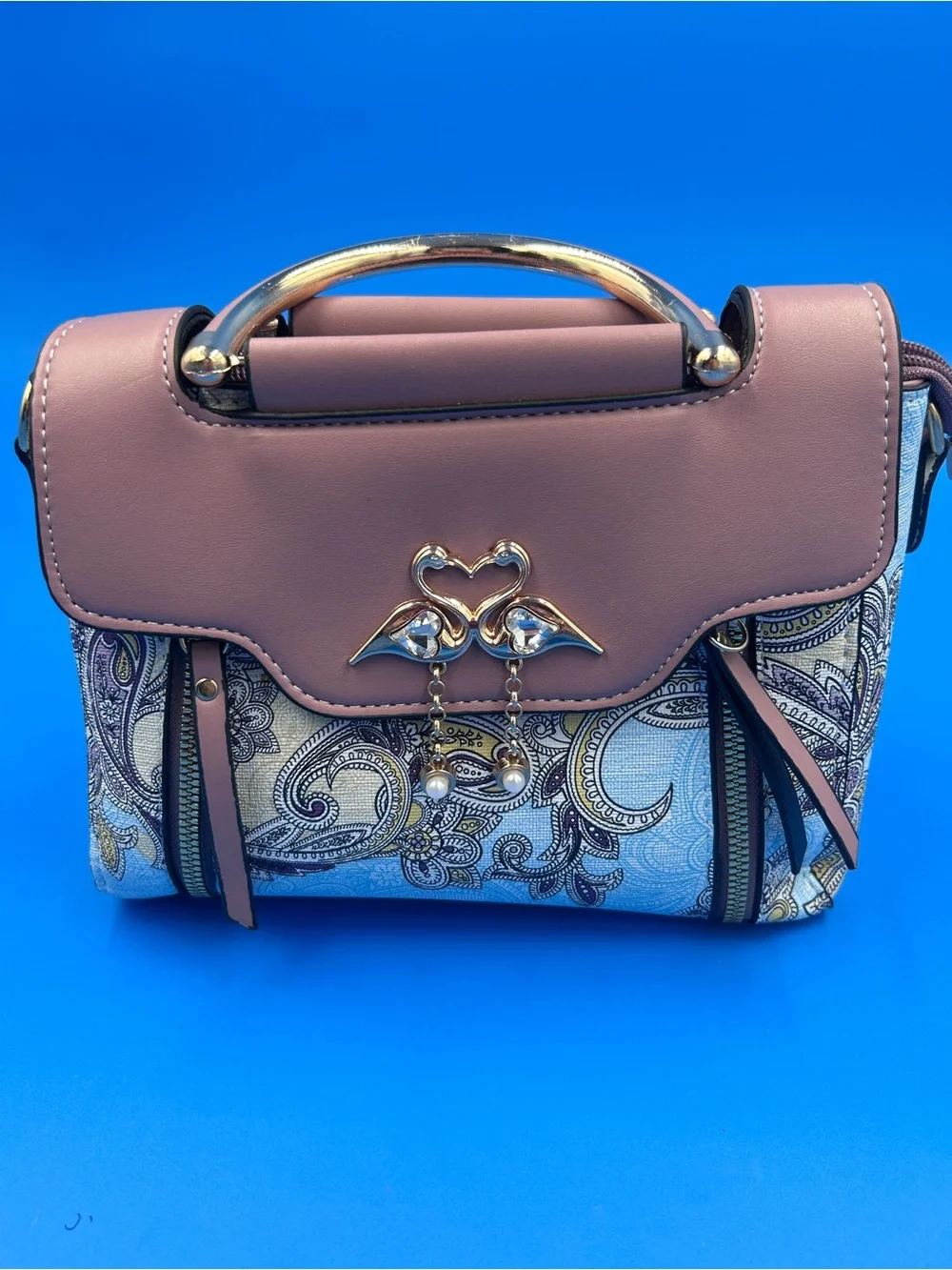 Pink Paisley-Print Satchel with Gold Flamingo Accent